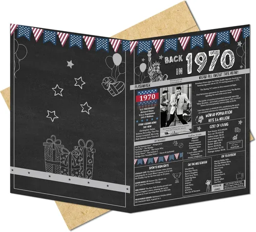 Ideas de regalos de cumpleaños número 55 para hombres o mujeres. Tarjeta de felicitación gigante de Back In 1970. Suministros para decoración de