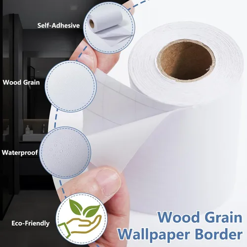Miniatura 3 de WADILE 10 m de cenefa de papel pintado de grano de madera blanco, marco de espejo extraíble, impermeable, papel de pared autoadhesivo, para pegar