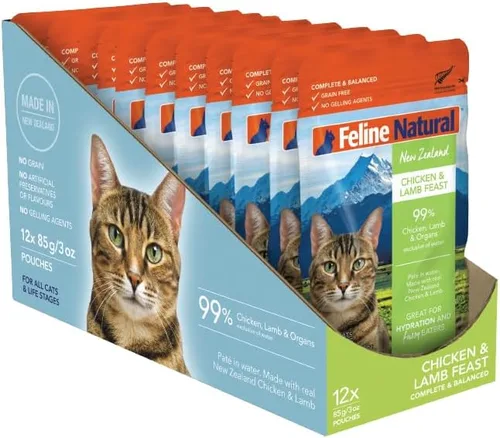 Feline Natural Bolsa de comida húmeda para gatos, fiesta de pollo y cordero, sin granos, sin jaula y alimentado con pasto, hecho en Nueva Zelanda,