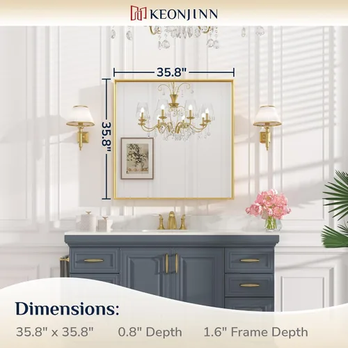 Miniatura 8 de Keonjinn Espejo de baño dorado cepillado de 36 x 36 pulgadas, espejo cuadrado de pared dorado con marco de metal, espejo rectangular para baño