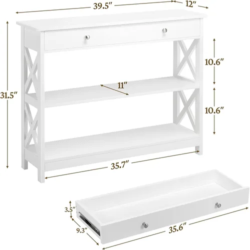 Miniatura 3 de Yaheetech Mesa consola con cajón, mesa de entrada de 3 niveles con estantes de almacenamiento, mesa de sofá estrecha de madera para Blanco