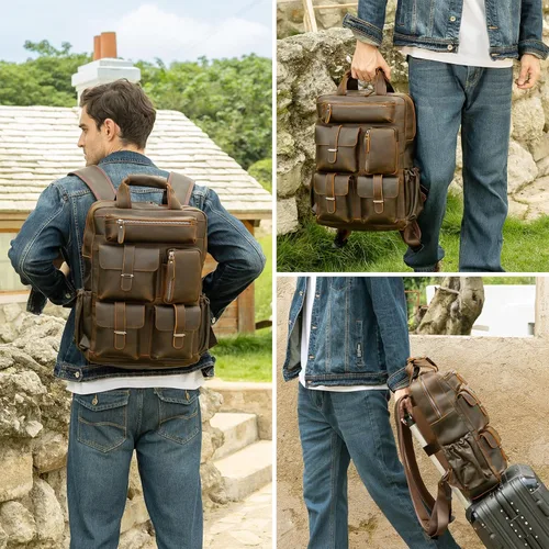 Miniatura 3 de Mochila de cuero genuino para hombre, estilo vintage, de 15.6 pulgadas, bolsa para computadora portátil, varios bolsillos, mochila casual de viaje