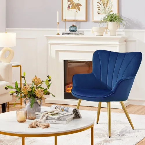 Miniatura 4 de Topeakmart Silla decorativa de terciopelo, moderna y de mediados de siglo, silla de maquillaje con acolchado suave y respaldo alto para sala de Azul