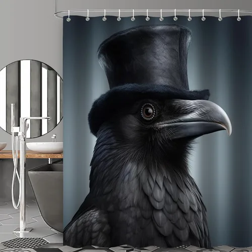 Miniatura 2 de Cortina de ducha de cuervo con sombrero negro para baño, juego de cortina de ducha estilo bohemio con diseño de pájaro hippie, tela divertida