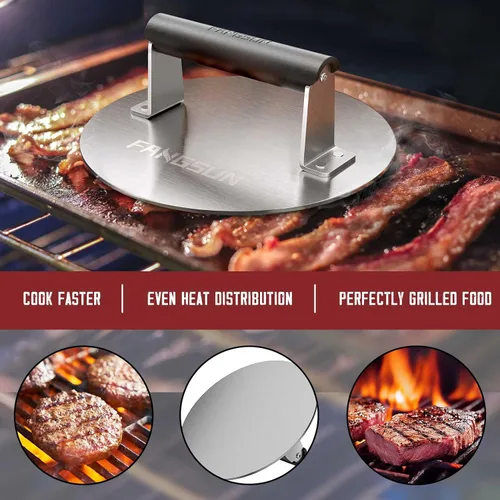 Miniatura 6 de FANGSUN - Prensa para tocino para plancha, prensa de parrilla de acero inoxidable, prensa de hamburguesa de 8.5 pulgadas resistente con mango