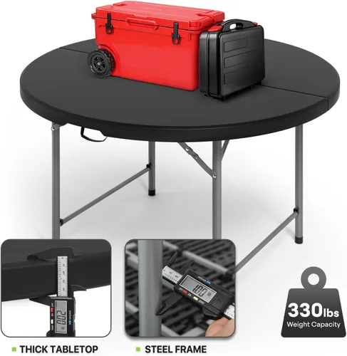 Miniatura 7 de Magshion Mesa plegable redonda de 48 pulgadas, mesa de plástico plegable de 4 pies con asa de transporte para exteriores, boda, fiesta, evento, Negro