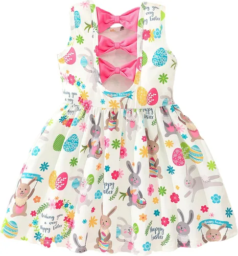 Miniatura 13 de Popshion Vestidos de verano para niñas con estampado de leopardo, vestido con lazo en la espalda, ropa de dinosaurio, sin mangas, para niños