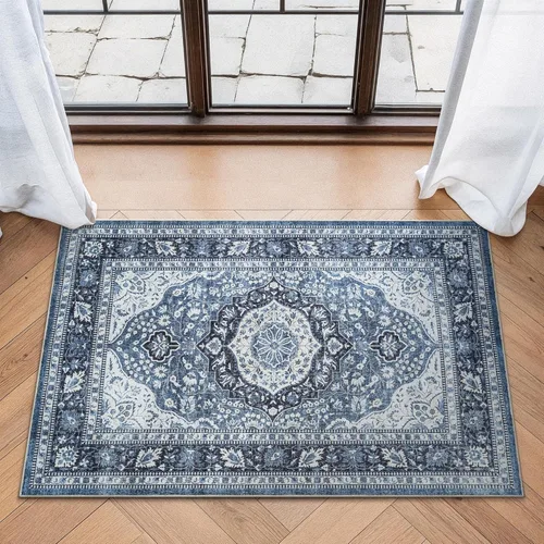 Miniatura 26 de Bloom Rugs Caria Alfombra Lavable Antideslizante de 7 pies - Azul/Carbón Alfombra Tradicional para Entrada, Pasillo, Baño y Cocina - Tamaño Exacto