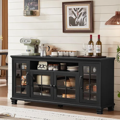 Miniatura 5 de SAVOR LIFE - Aparador grande negro con gabinete de buffet y almacenamiento, credenza vintage de casa de campo de 60" de ancho con puertas de vidrio