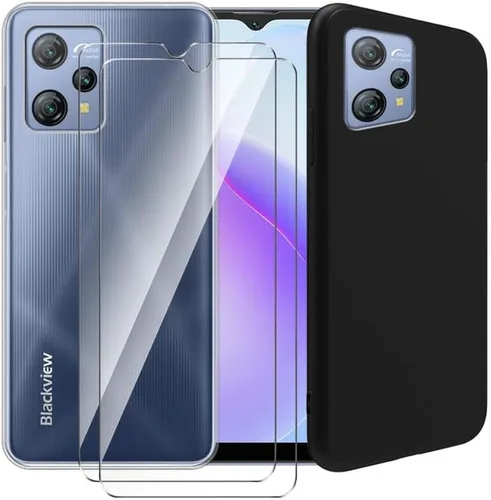 Funda transparente para Blackview A53 / Blackview A53 Pro + funda protectora negra para teléfono + 2 protectores de pantalla de vidrio templado