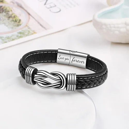 Miniatura 4 de Pulsera de nudo de hombre para regalo, cuero trenzado color marrón, del infinito, de acero inoxidable, con la frase Love You Forever, para hijos