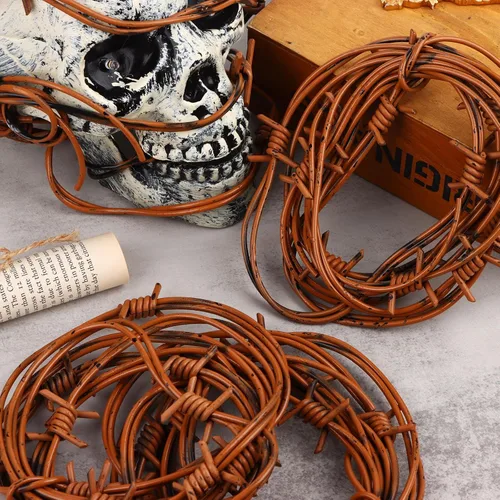 Miniatura 2 de Alambre de púas oxidadas falsas de 49 pies, 6 piezas de alambre de púas de plástico para Halloween, decoración occidental rojo óxido, decoración