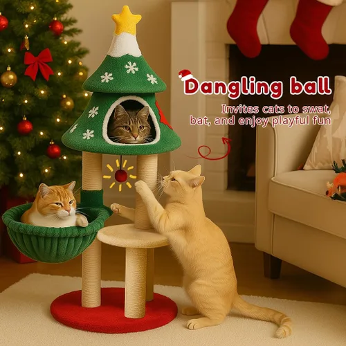 Miniatura 3 de LUCKLIFE Árbol de Navidad para gatos de 48 pulgadas con 2 casas acogedoras, torre moderna para gatos con kit antipuntas, perchas de felpa y bolas