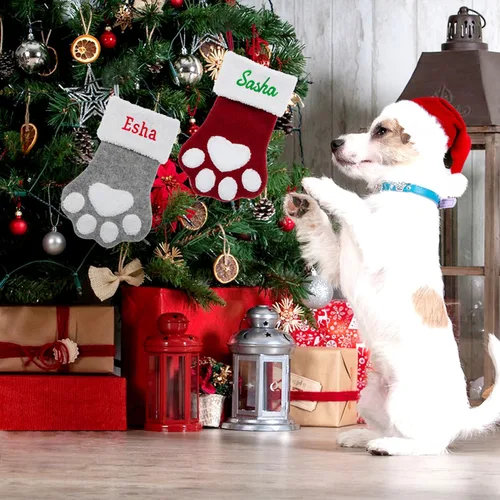 Miniatura 6 de Calcetines de Navidad personalizados para perros y gatos, calcetín de Navidad bordado con nombre personalizado en forma de pata de mascota o hueso