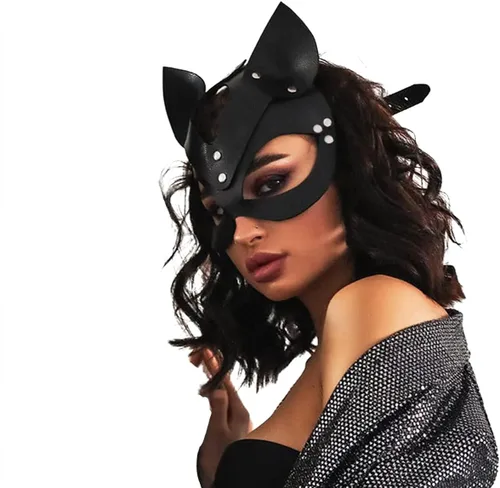 Miniatura 5 de Mumbobyswim Máscaras de cuero de gato y conejo para mujer, máscara de mascarada para cosplay, accesorio de disfraz de Halloween