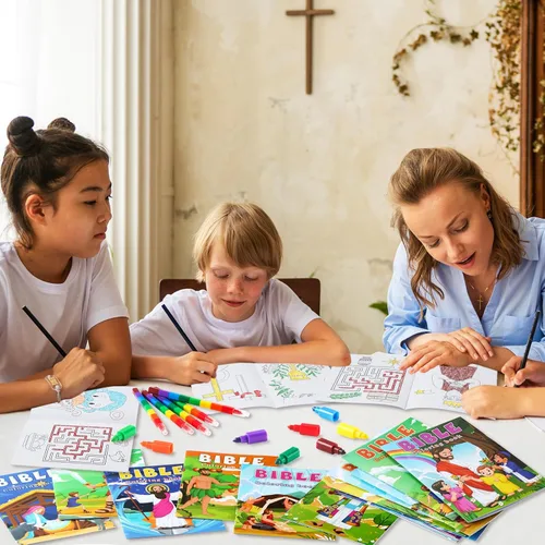 Miniatura 4 de BenLouis 24 libros para colorear cristianos mini para niños con 24 crayones apilables, versos bíblicos, recuerdos de fiesta, libros de actividades a