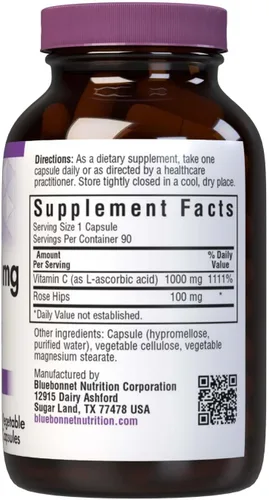 Miniatura 2 de Bluebonnet Nutrition Vitamina C-1000 mg Plus Rose HIPS cápsulas vegetales para salud inmunológica, para protección antioxidante, sin soja, sin