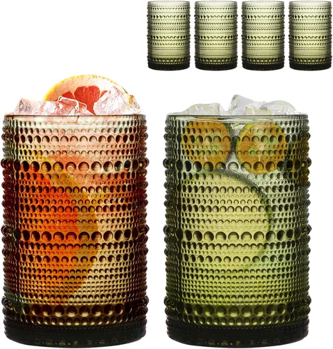Miniatura 12 de Juego de 4 vasos para beber Hobnail de 12 onzas, vasos vintage de Júpiter, cristalería antigua en relieve para cerveza, agua, jugo, cóctel, whisky