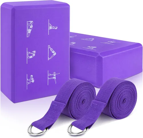 RETON Juego de 2 bloques de yoga con correa, bloque de yoga rosa de alta densidad, bloques de espuma EVA ligeros, bloques de yoga, pilates, ladrillo