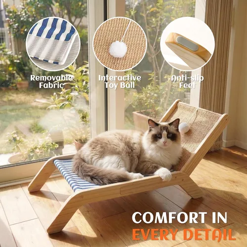 Miniatura 4 de PETKARAY Silla de playa para gatos, camas elevadas para gatos de interior, tumbona acogedora original con rascador de sisal y pelota de juguete Azul