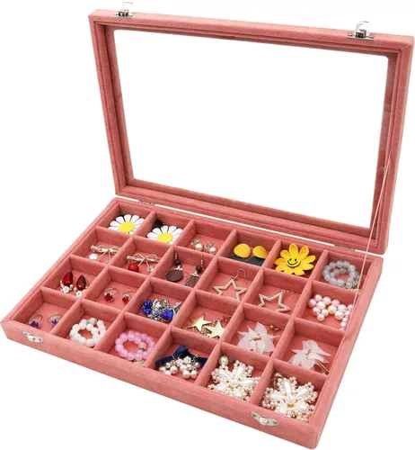 Miniatura 5 de Wudygirl Organizador de joyas, bandeja de terciopelo para joyas, caja de joyería de 24 rejillas con tapa, apilable, almacenamiento de joyas