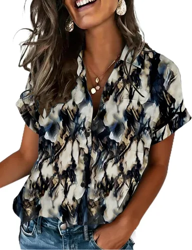 Miniatura 13 de Zeagoo Camisa de manga corta con botones para mujer, cuello en V, elegante, casual, para negocios, trabajo, con bolsillo, S-XXL