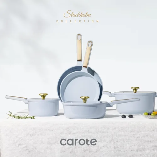 Miniatura 7 de CAROTE Juego de utensilios de cocina de cerámica antiadherente, 14 ollas y sartenes antiadherentes, no tóxico y sin PFAS, lavavajillas, juego