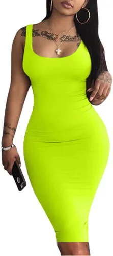 LAGSHIAN - Vestido bodycon sin mangas, sexy, sin mangas, vestido básico por debajo de la rodilla para club