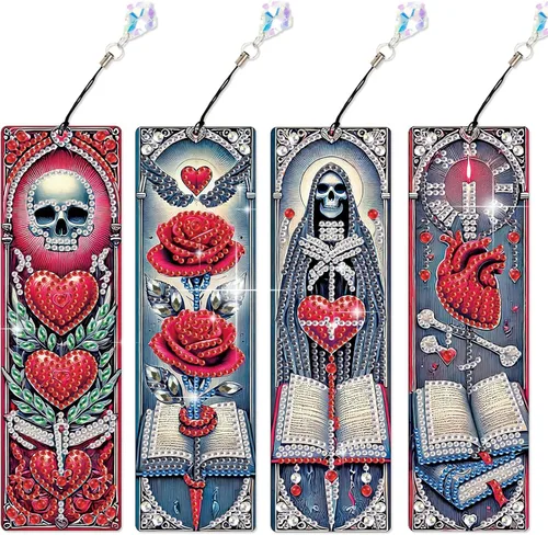 Miniatura 17 de Juego de 4 piezas de pintura de diamante, marcapáginas de mandala, de cuero, para manualidades, pintura de cristal con forma especial 5D por números