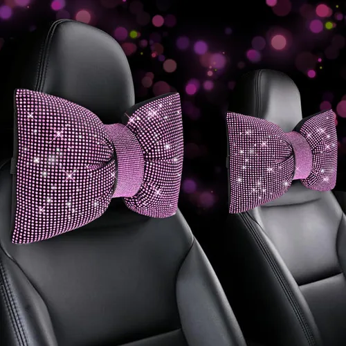Miniatura 9 de 2 PCS Almohadas Brillantes para Automóvil, Almohada de Reposacabezas de Coche con Lazo de Pedrería, Almohada Cervical para Coche para Relajación