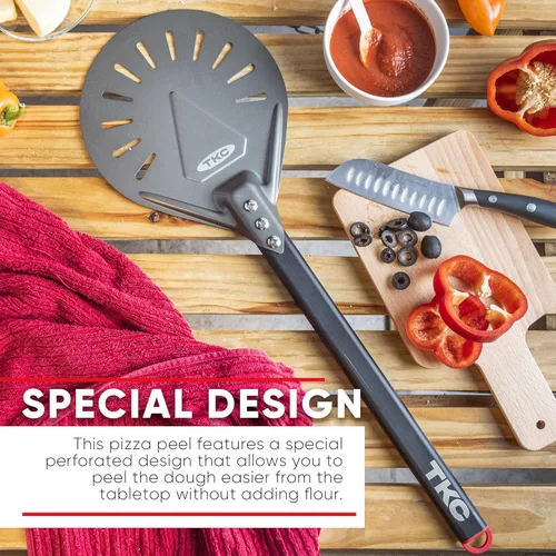 Miniatura 5 de TKC Pela de pizza perforada de 8 pulgadas – Pela profesional de aluminio para pizza – Espátula de pizza de metal de mango largo para interiores