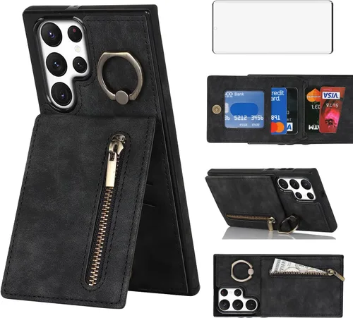 Asuwish Funda de teléfono para Samsung Galaxy S22 Ultra 5G Funda tipo cartera con protector de pantalla y cremallera RFID Tarjetero Soporte de Negro