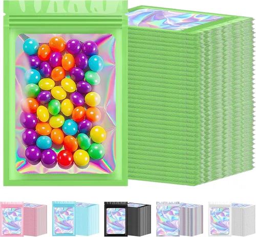 Miniatura 10 de 300 bolsas holográficas de Mylar a granel, bolsas resellables a prueba de olores con ventana transparente, bolsa de aluminio para pequeñas empresas