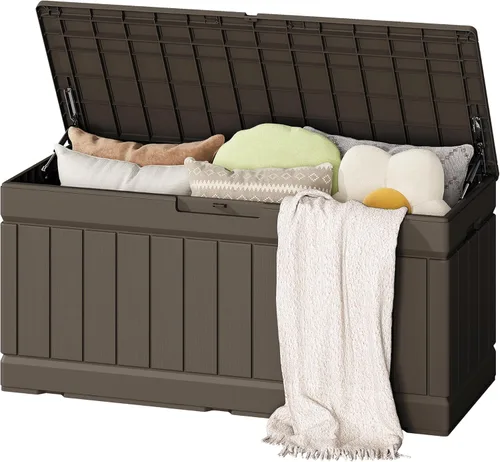 Flamaker Caja de almacenamiento para exteriores de 80 galones, caja de resina impermeable para cubierta con textura de madera, caja de entrega,