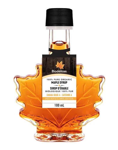Biodélices - Jarabe de arce orgánico 100 % puro, grado A, lo mejor de Quebec en elegante botella de hoja de arce de Biodélices (3.38 onzas líquidas