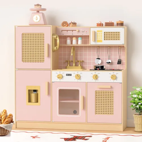 Babytronic Juego de cocina de madera para niños - Cocina de juego rosa con luces y sonidos, cocina de juguete estilo retro para niños pequeños de 3