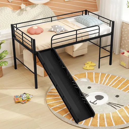 Miniatura 3 de Giantex Cama baja tipo loft con tobogán, marco de cama individual de metal con escalera de escalada, barandilla y espacio de almacenamiento