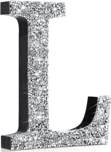 Miniatura 70 de Qunclay Letras brillantes de cristal plateado de 5.7 pulgadas, decoración de diamantes triturados, letra de madera con purpurina con tornillo