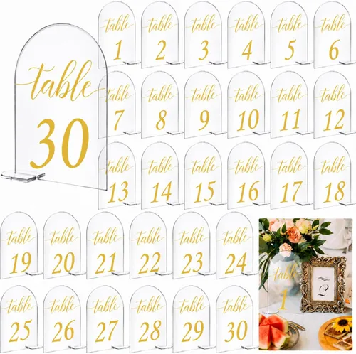 Miniatura 8 de Vicenpal Números acrílicos de mesa de boda de 1 a 30 pulgadas, soporte de exhibición de tarjetas de números de arco dorado de 4 x 6 pulgadas