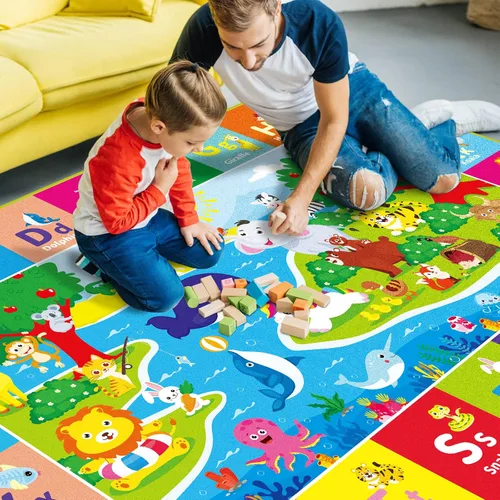 Miniatura 7 de Alfombra infantil de 5 x 7 pies para sala de juegos, alfombra de juegos con ABC y animales, alfombra antideslizante súper suave para suelo, tapete