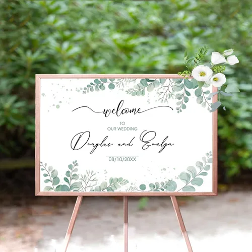 Miniatura 21 de Letrero personalizado de bienvenida de eucalipto a nuestra boda, letreros de bienvenida de boda con soporte, letrero de boda al aire libre, soportes