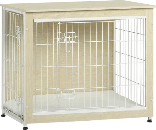 Miniatura 10 de DWANTON Mueble de jaula para perros con cojín, mesa de madera para perros con puertas dobles, casa de perro de interior, tamaño pequeño, mediano
