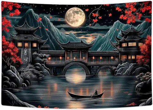 Miniatura 3 de Uokiuki Tapiz de anime japonés, tapiz de luna llena de luna llena de luna llena negro y rojo para colgar en la pared, tapiz estético de paisaje