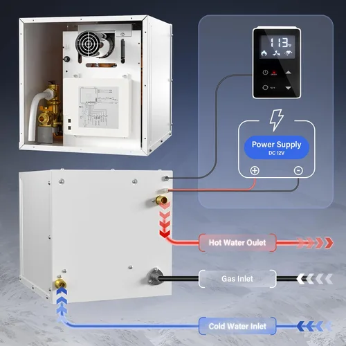 Miniatura 6 de Calentador de agua sin tanque RV de 65,000 BTU, calentador de agua caliente de propano RV con salida de agua frontal, puerta blanca de 15 x 15