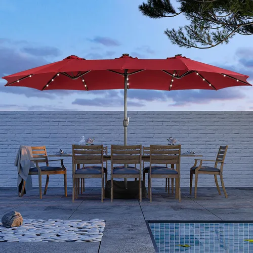 MONDAWE Paraguas de patio de 15 pies con luces solares (base incluida) sombrilla grande de doble cara de aluminio rectangular de aluminio para mesa