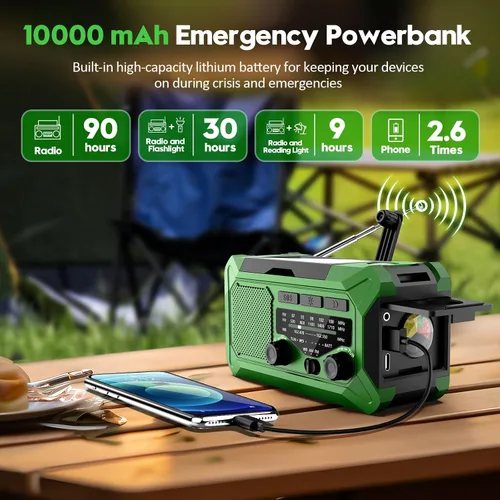 Miniatura 3 de Radio meteorológica con manivela de emergencia, radio solar de 10000 mAh AM/FM/NOAA con cargador de teléfono, carga USB, lámpara de lectura LED
