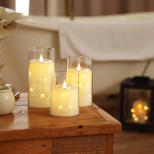 Miniatura 2 de Homemory Velas parpadeantes sin llama con tira de luces, velas que funcionan con pilas, luces LED de cadena integradas, vela de plexiglás irrompible