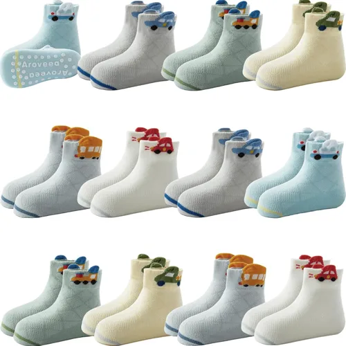 Miniatura 33 de Calcetines antideslizantes con agarre para tobillos, paquete de 12 unidades para niños pequeños, niños y niñas, lindos calcetines de algodón