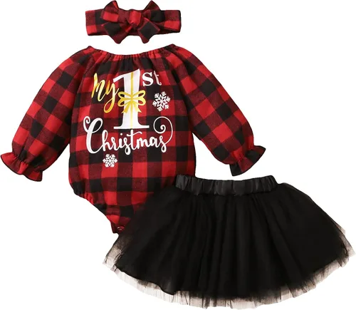 Baby Girls Christmas Dress with Bow Headband Red Plaid Dress Long Sleeve Tulle Tutu Princess Party Dress Winter Clothes