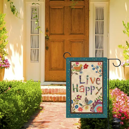 Miniatura 6 de Hzppyz Live Happy - Bandera decorativa pequeña para jardín con flores, pájaro, primavera y verano, cita inspiradora para casa, patio, decoración
